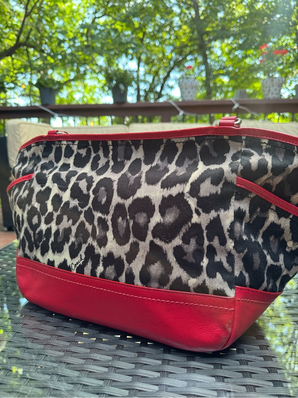 Coach Park Ocelot Leopard Print Canvas Tote Red Leather Shoulder Bag - Picture 4 of 7
